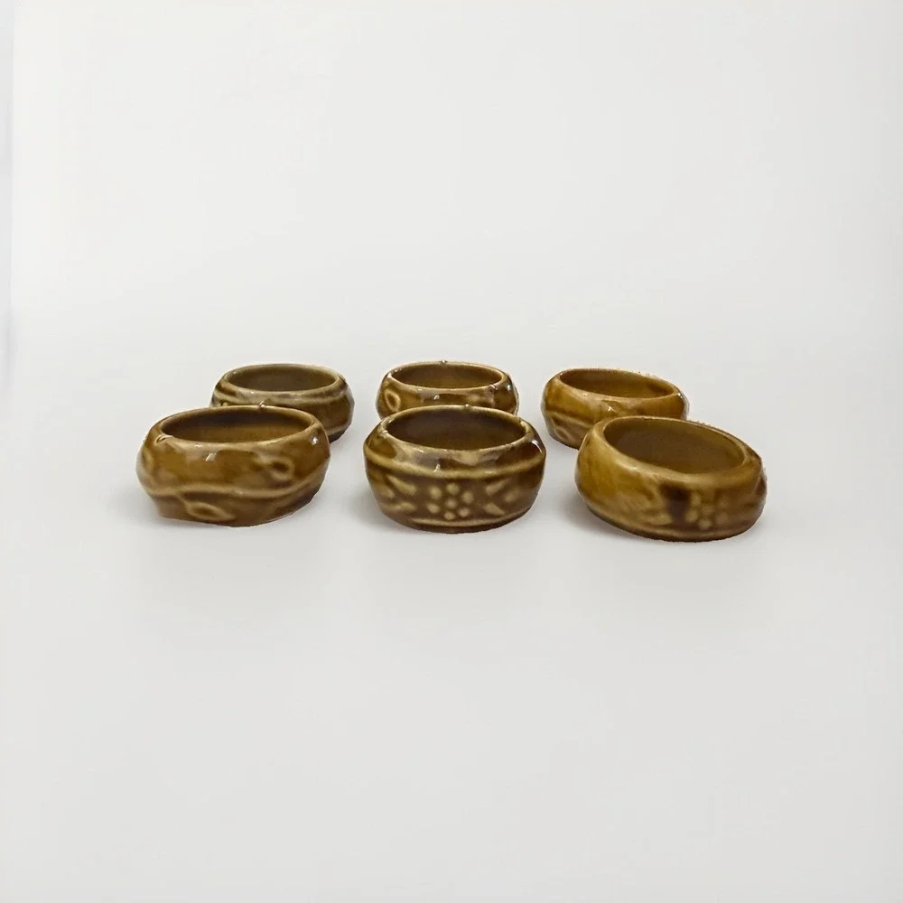 Set of 6 Vintage Ceramic Napkin Holders Pottery Brown Yellow Glaze